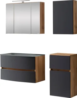 Produktbild von Waschtisch-Set Badezimmer Bad-Set "Kopenhagen VIII" Wotaneiche, Matt Grau
