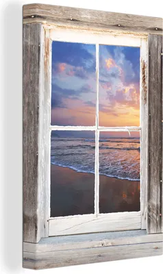 Obrázek produktu pro OneMillionCanvasses® - Obrazy na plátně - 90x140 cm, Pohled - Pláž - Moře, - Otevřené okno - Pohled z okna Ložnice Umělecký tisk Nástěnná dekorace - Fotografie na plátně - Obraz na dřevěném rámu - Nástěnná dekorace - Ložnice