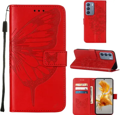 Produktbild von Lederhülle für Infinix Zero 5G 2023 Schmetterling Prägung Flip Ledertasche Kartenfächer Handyhülle mit Ständer Rot
