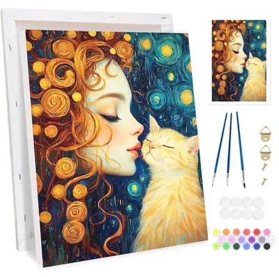 Obrázok produktu pre Obraz podľa čísel, sada: Elegantná žena a mačka s maľobou, 30x40 cm