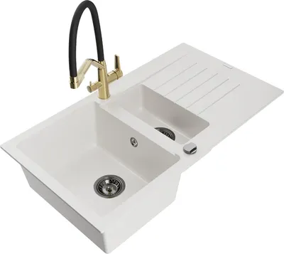Produktbild von Mexen Matias 1,5-Becken-Granitspüle mit Abtropffläche und Mischbatterie Duo, Weiß - 6502-20-671701-57-B