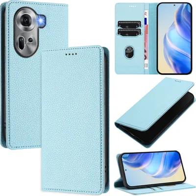 Produktbild von Litchi Leder Handyhülle für Oppo Reno11 Wallet Kartenfächer Standfunktion Hülle Hellblau