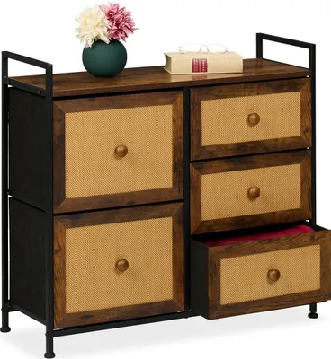 Immagine prodotto di Comodino Relaxdays, 5 cassetti, effetto rattan, ingresso, camera da letto, L x P x A 77x85x31,5 cm, mobile alto, metallo, marrone/nero