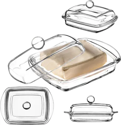 Immagine prodotto di Contenitore per burro in vetro - Contenitore con coperchio - Per servire il burro - Con manico - 16 cm - Trasparente