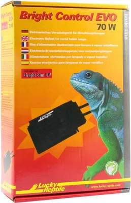 The image shows the retail packaging for a Lucky Reptile Bright Control EVO 70W ballast, featuring a green iguana illustration.