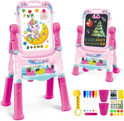 Imagen del producto de Pizarra para niños, ajustable en altura, con doble cara magnética, incluye accesorios para pintar, ideal para guarderías
