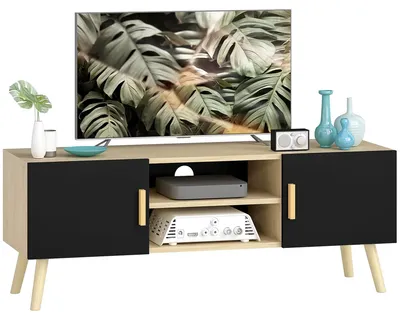 Image de Meuble TV bas - Pour téléviseurs jusqu'à 127 cm - 2 compartiments fermés - Étagères ouvertes - Passe-câbles - 110 x 42 cm - Chêne et noir