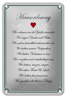 Produktbild von Blechschild Spruch 12x18cm Hausordnung wir Zeit füreinander
