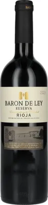 A bottle of Baron de Ley Rioja Reserva wine against a white background.