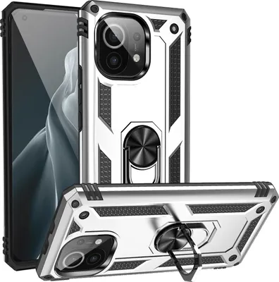 Obrázek produktu pro Pouzdro pro Xiaomi Mi 11 dvouvrstvé robustní, vojenská ochrana pouzdro s držákem prstenu a stojánkem Stříbro