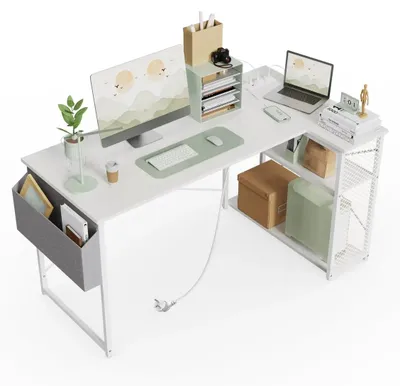 Image de Bureau d'ordinateur en forme de L - Bureau pour PC - 120 cm - Support pour écran - Rangement avec étagère - Structure métallique - Blanc