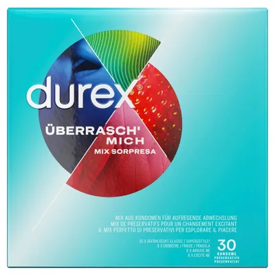 A box of Durex condoms with a colorful circular graphic.