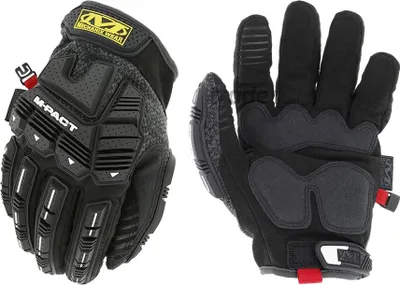 A pair of black work gloves shown from two different angles against a white background.
