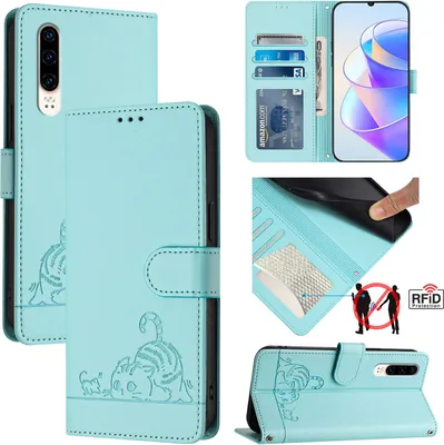 Produktbild von Leder Hülle für Huawei P30 Süße Katze Flip Case Brieftasche Schutzhülle mit Standfunktion hellgrün