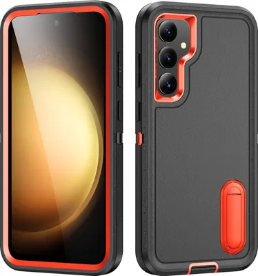 Produktbild von Hülle für Samsung Galaxy S23 FE Hybrid Dreilagige Robust Stoßfest Schwerlast Schutzhülle mit Ständer Schwarz Orange