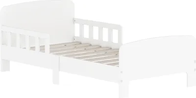 A white toddler bed with a slatted base and side rails is shown against a white background.