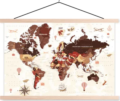 Produktbild von MuchoWow® Textilposter Weltkarte - Braun - Rot 120x80 cm mit holzfarbenen Rahmen - Aufhängeset