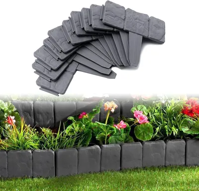 Image de Bordure de pelouse en 40 pièces / 10 m, bordure de parterre en pierre, bordure de parterre, bordure de pelouse en PP, bordure de pelouse en plastique pour jardin et prairie, L x H 25 x 23 cm, anthracite