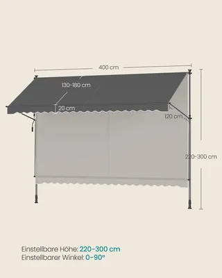 Produktbild von Balkonmarkise zum Klemmen - Höhenverstellbare Kurbelmarkise - Sonnenschutz für Balkon Terrasse Garten - 400 x 120 cm - Poly-Baumwolle Grau