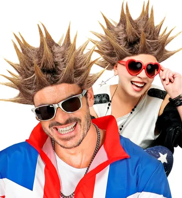 Two people wearing spiky punk wigs and sunglasses, posing for a photo.