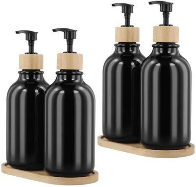 Zdjęcie produktu dla Zestaw 4 czarnych dozowników do mydła o pojemności 500 ml, z 2 podstawkami – butelki wykonane z PET, pompki z tworzywa PP, nowoczesny design, idealne do kuchni i łazienki