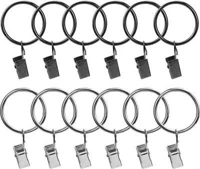 Produktbild von Metallene Gordinnenringe mit Clips, 32 mm Innendurchmesser, schwarz-silber, 12 Stück