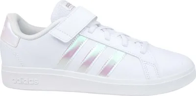 A side view of a white Adidas sneaker with iridescent stripes.