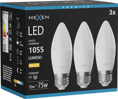 Obrázek produktu pro Mexen Nova 3x LED žárovka E27, C37, 10W, Teplá - 3000K, 1055 lm - L102-E27-1030-01x03