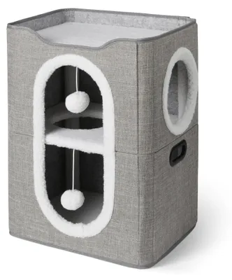 Image de A. Maison pour chats de base, modèle à 2 étages, idéale pour les chats d'intérieur, avec une cachette couverte et un griffoir