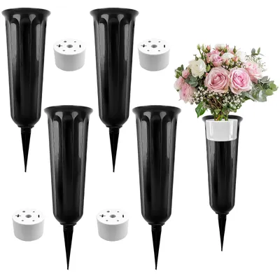 4er-Set Grabvase mit Spieß, 25 cm, schwarz, für Grabgestecke