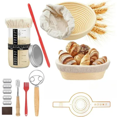 Immagine prodotto di Kit per la panificazione - Accessori per il lievito madre - 2 cesti di lievitazione - Tappetino in silicone - Spatola per impasto - Ciotola per impastare - Cesto di lievitazione ovale