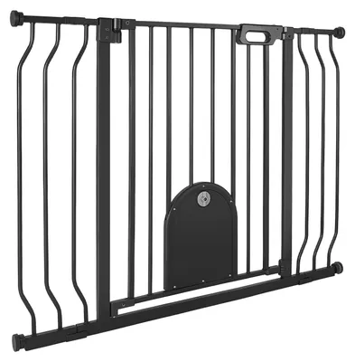 Image de Barrière de sécurité pour escalier SucceBuy, largeur réglable de 75 à 111 cm, barrière de sécurité pour porte avec chatière intégrée, kit de fixation par pression et au mur inclus, barrière de sécurité pour enfants et animaux de compagnie, adaptée aux escaliers, aux portes et aux pièces à vivre, noir