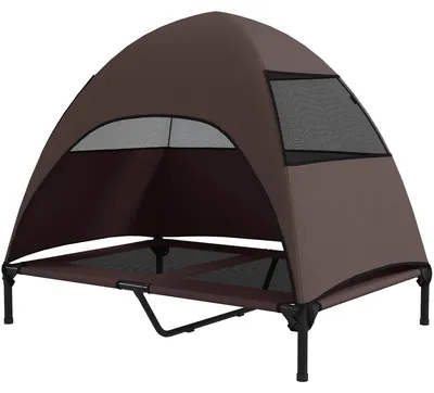 Image de Lit pour chien d'extérieur avec toit – Lit surélevé pour chien | Couleur : Marron | Dimensions : 76 x 106 x 99 cm