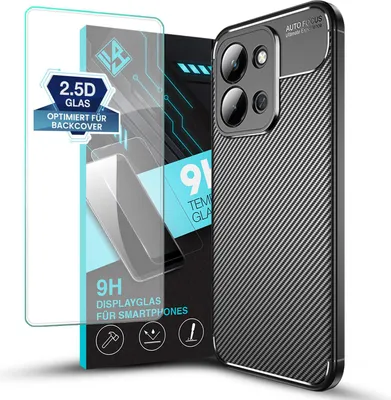 Produktbild von Handy Hülle für Xiaomi Redmi 15C mit 9H Displayglas Displayschutz Carbon Look Cover Case Schutzhülle Farbe: Schwarz