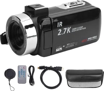 A black digital camcorder and its accessories are displayed on a white background.