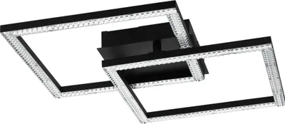 A modern black ceiling light with two overlapping square frames, adorned with clear crystals.