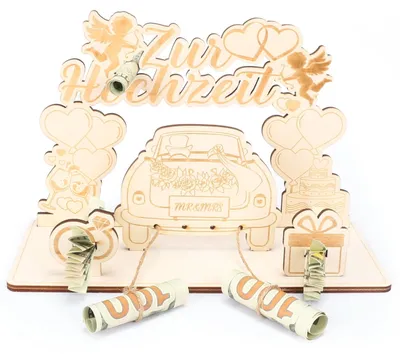 Produktbild von Geldgeschenke zur Hochzeit, Kreative Gastgeschenke aus Holz mit Brautpaar, Amor, Auto, Herzringen, Wein und Kuchen zur Tischdekoration.