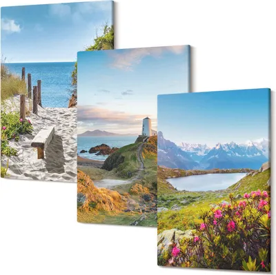 Produktbild von Leinwandbilder – Wandbilder – Leinwandbild – Canvas Bild – Polycanvas – Kunstdruck –  – Modern – Aufhängefertig – Mehrteilig – 3-Teilig – 40x60 Cm Pro Bild - Blick auf den Leuchtturmstrand, die Berge und Blumen