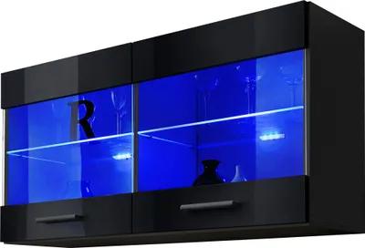 Produktbild von Extreme Furniture T25 Nástenná Vitrína | Vitrína do Obývačky s 2 Sklenenými Policami a 2 Dvierkami | Čierny Korpus & Čierne Predné Časti