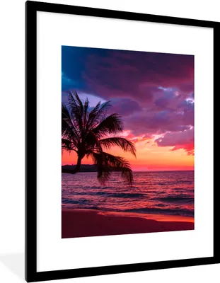 Produktbild von MuchoWow® Gerahmtes Poster Sonne - Horizont - Rosa - Palme - Meer 60x80 cm - Poster mit Schwarzem Bilderrahmen Wandposter Rahmen Foto Bilder - Wohnzimmer - Dekorationen - Prämie
