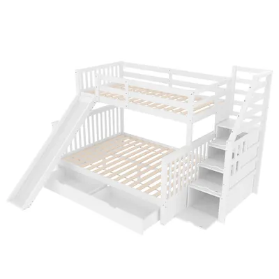 Produktbild von Flieks Hochbett 90x200cm/140x200cm, Etagenbett mit Rausfallschutz, Kinderbett mit Rutsche und Lattenrost, Stockbett Massivholzbett mit 2 Schubladen und Stauraumtreppe, Weiß