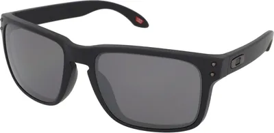 A pair of black Oakley sunglasses with gray lenses, shown from a front-side angle against a white background.