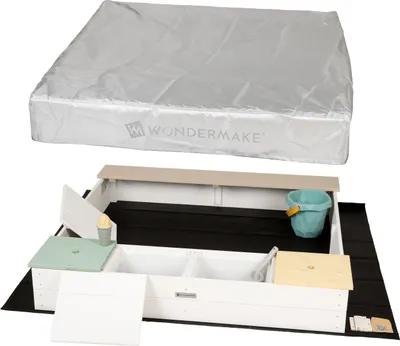 Produktbild von WONDERMAKE® Design Sandkasten mit Matschküche, Abdeckung OXFORD 420D, Vliesfolie, Sandkiste Holz quadratisch verschließbar Outdoor Garten für Kinder,
