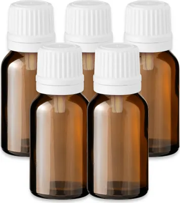 Produktbild von 5x Glasflasche braun 15 ml mit weißem Tropfeinsatz Tropfflasche 18 mm