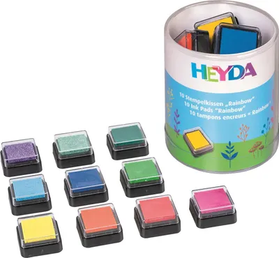 Zdjęcie produktu dla Heyda 204888470 Mini zestaw tuszy "Rainbow" 3 x 3 cm żółty, pomarańczowy, czerwony, różowy, fioletowy, niebieski, ciemnoniebieski, turkusowy, jabłkowy, ciemnozielony