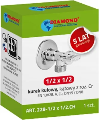 The image shows the packaging of a Diamond brand angle ball valve.
