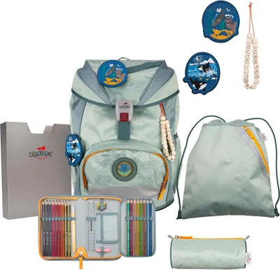 A set of school supplies including a backpack, pencil case, and drawstring bag, arranged on a white background.