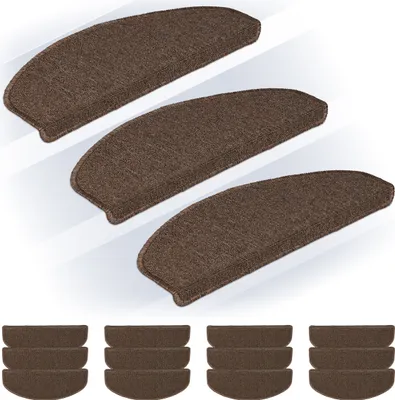 Image de Lot de 15 tapis d'escalier Relaxdays, tapis d'escalier aux bords arrondis, 65 x 24 cm, tapis d'escalier autocollants, marron foncé