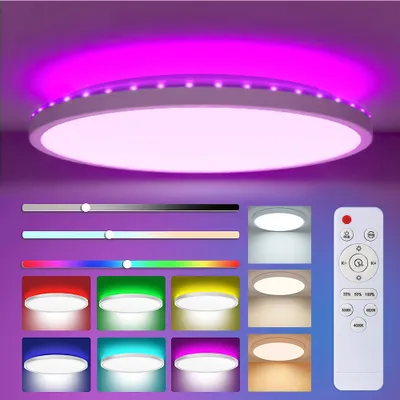 Produktbild von lampa sufitowa LED 24W ze zmianą kolorów RGB, ultra cienka lampa sufitowa ściemniana pilotem, płaskie białe lampy do salonu, sypialni, na imprezę 29cmx3cm