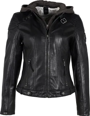 A studio shot of a black leather jacket with a hood.